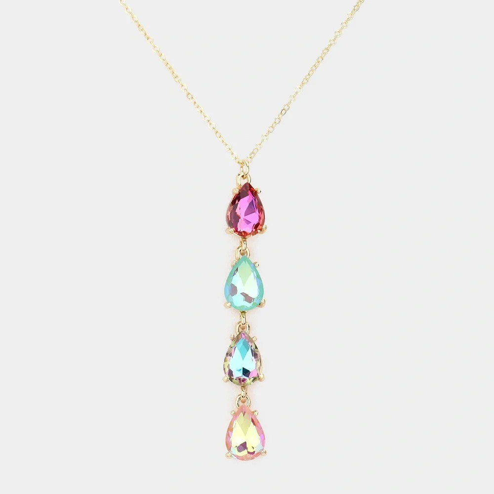 Gold multi color Teardrop stone link fashion dangle necklace